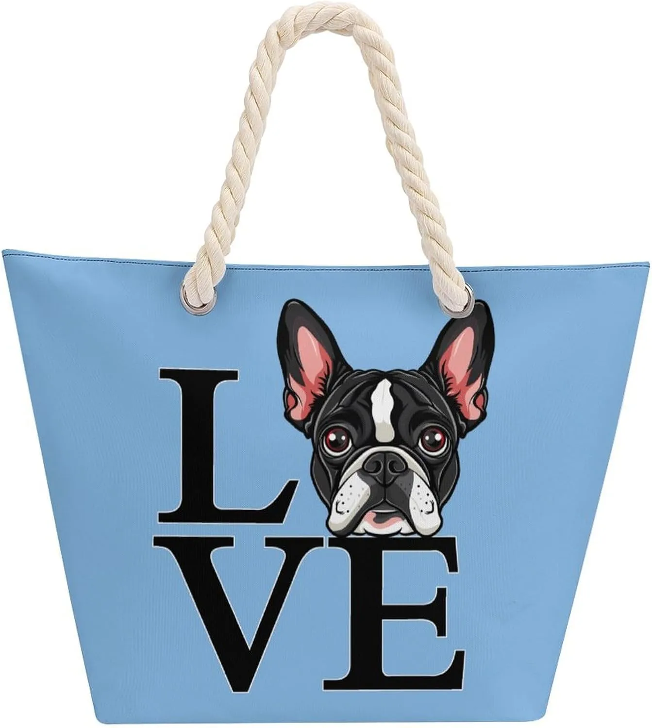 I Love Boston Terriers Beach Bag Large Tote Bags Shopping Travel Gym Handbags with Rope Handles