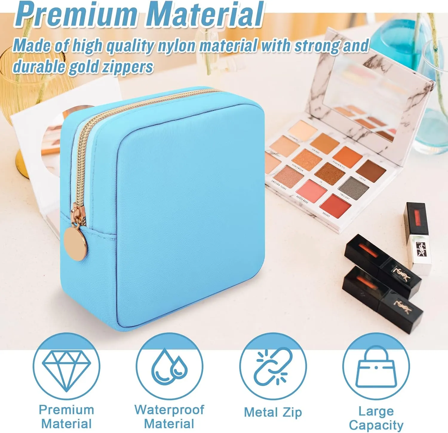 Iqimott Nylon Mini Makeup Bag, Preppy Small Cosmetic Bag Compact Make up Pouch Toiletry Bag, Waterproof Zipper Purse Travel Coin Pouch Sanitary Napkin Storage Bag for Women Girls Teens(Blue)