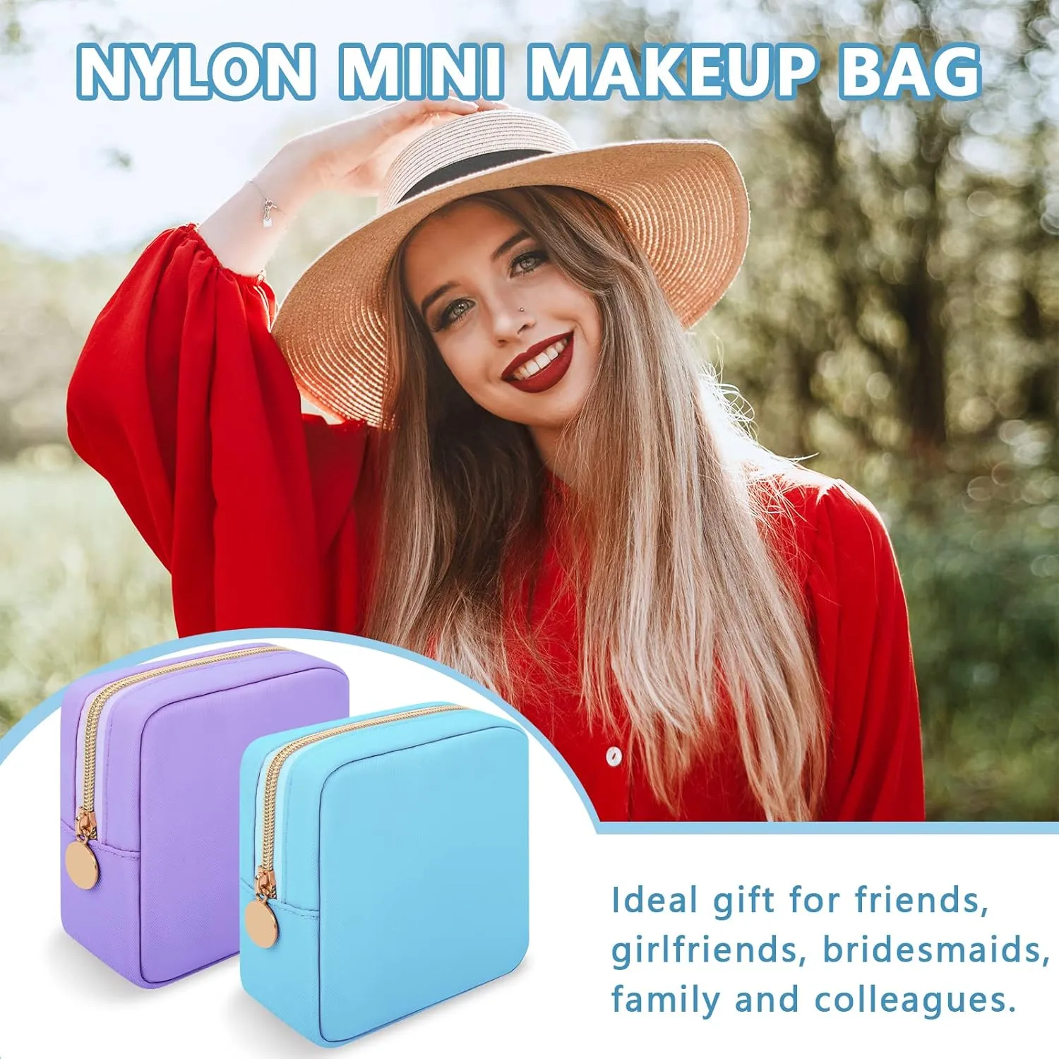 Iqimott Nylon Mini Makeup Bag, Preppy Small Cosmetic Bag Compact Make up Pouch Toiletry Bag, Waterproof Zipper Purse Travel Coin Pouch Sanitary Napkin Storage Bag for Women Girls Teens(Blue)