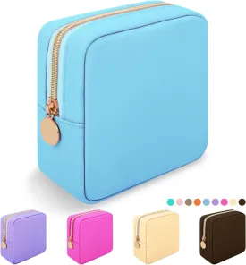 Iqimott Nylon Mini Makeup Bag, Preppy Small Cosmetic Bag Compact Make up Pouch Toiletry Bag, Waterproof Zipper Purse Travel Coin Pouch Sanitary Napkin Storage Bag for Women Girls Teens(Blue)