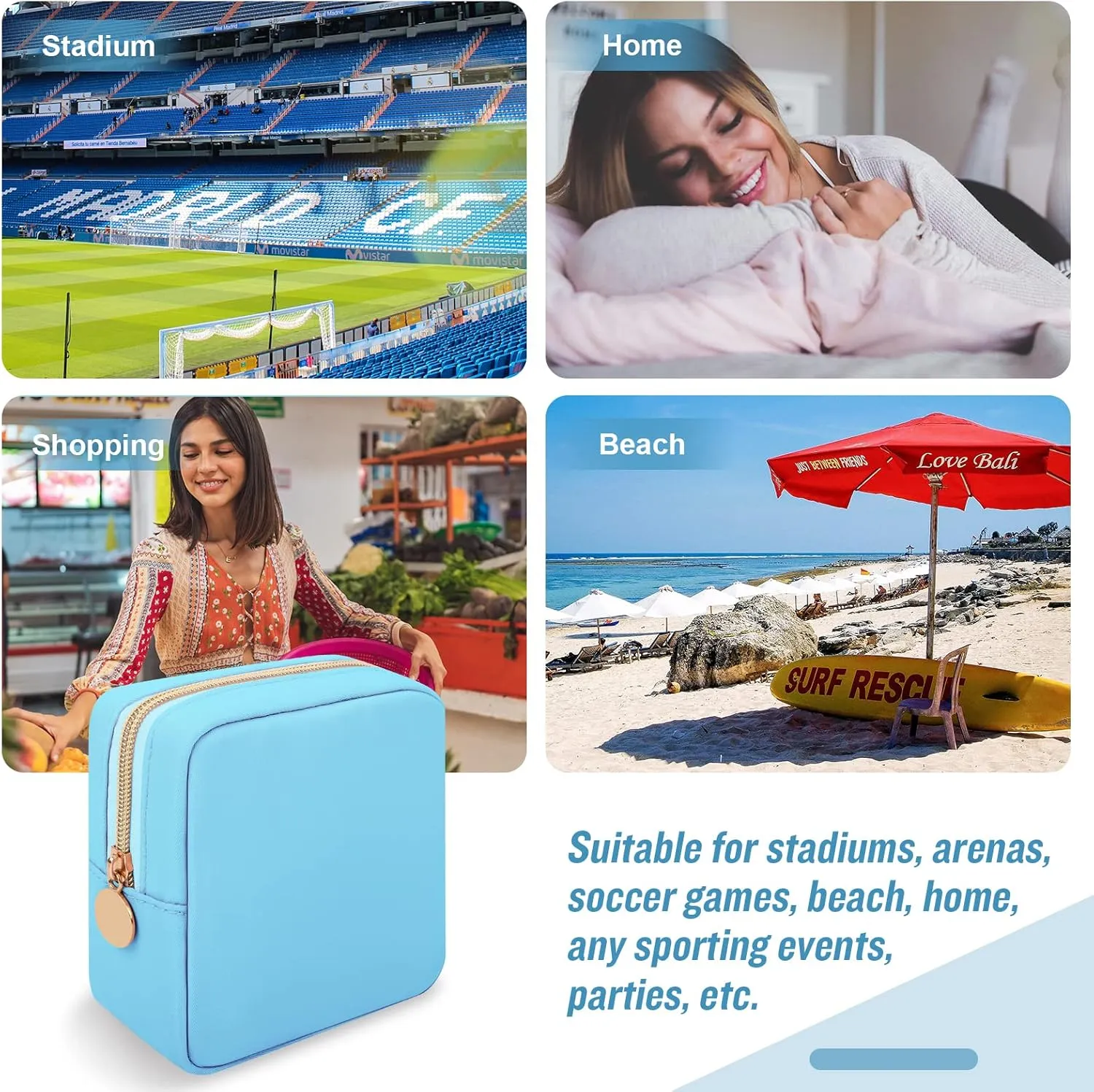 Iqimott Nylon Mini Makeup Bag, Preppy Small Cosmetic Bag Compact Make up Pouch Toiletry Bag, Waterproof Zipper Purse Travel Coin Pouch Sanitary Napkin Storage Bag for Women Girls Teens(Blue)