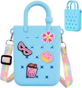 Mini Rubber Tote Bag, EVA Waterproof Beach Tote for Little Girls And Woman, Silicone Hole Small Beach Tote for Travel Outdoor, Cute Rubber Beach Bag with 20 Charms & Adjustable Shoulder Strap