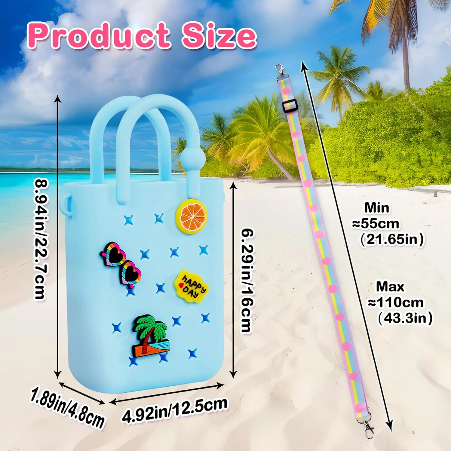 Mini Rubber Tote Bag, EVA Waterproof Beach Tote for Little Girls And Woman, Silicone Hole Small Beach Tote for Travel Outdoor, Cute Rubber Beach Bag with 20 Charms & Adjustable Shoulder Strap