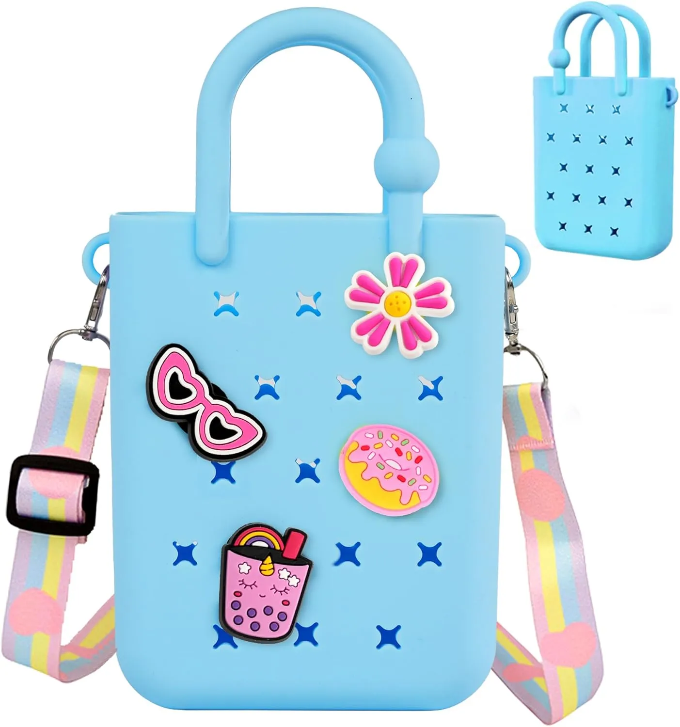 Mini Rubber Tote Bag, EVA Waterproof Beach Tote for Little Girls And Woman, Silicone Hole Small Beach Tote for Travel Outdoor, Cute Rubber Beach Bag with 20 Charms & Adjustable Shoulder Strap
