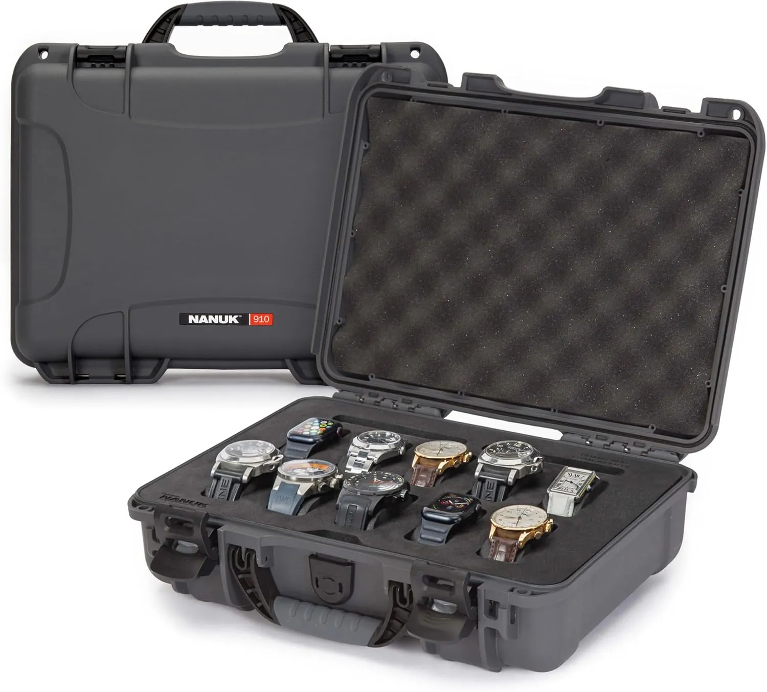 NANUK 910 Waterproof Watch Travel Case - 10 Slot Watch Briefcase, Impact-Resistant, Dustproof, Carry-On Approved, Premium Foam Interior, 14.3" x 11.1" x 4.7" - Made in North America (Graphite)