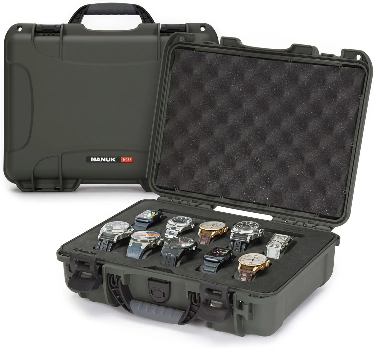 NANUK 910 Waterproof Watch Travel Case - 10 Slot Watch Briefcase, Impact-Resistant, Dustproof, Carry-On Approved, Premium Foam Interior, 14.3" x 11.1" x 4.7" - Made in North America (Olive)