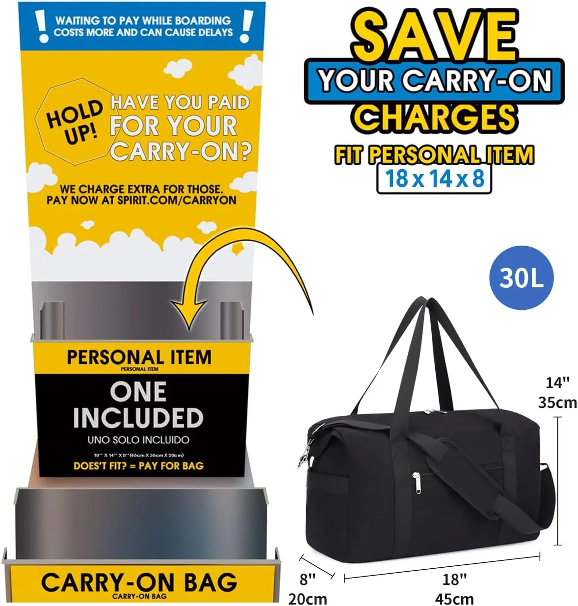 Narwey For Spirit Airlines Personal Item Bag 18x14x8 Foldable Duffle Bag for Travel Packable Duffel Bag for Traveling Carry on Bag for Airplanes Underseat with Wet Pocket for Women and Men (Black)