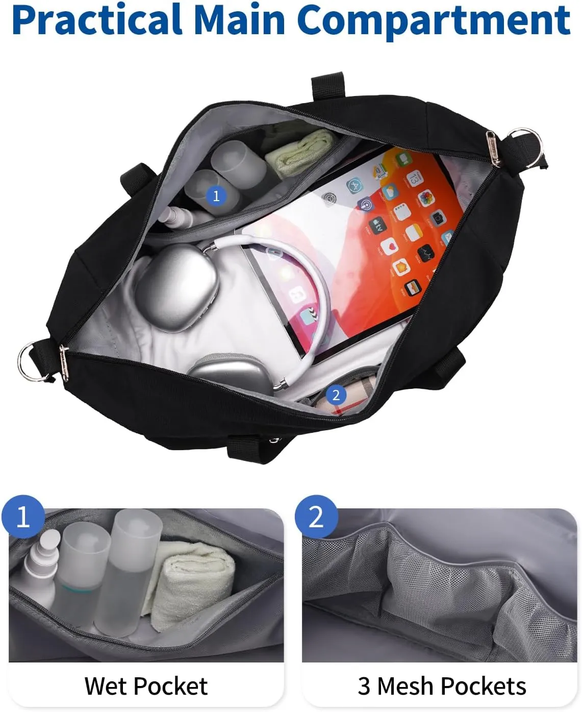 Narwey For Spirit Airlines Personal Item Bag 18x14x8 Foldable Duffle Bag for Travel Packable Duffel Bag for Traveling Carry on Bag for Airplanes Underseat with Wet Pocket for Women and Men (Black)