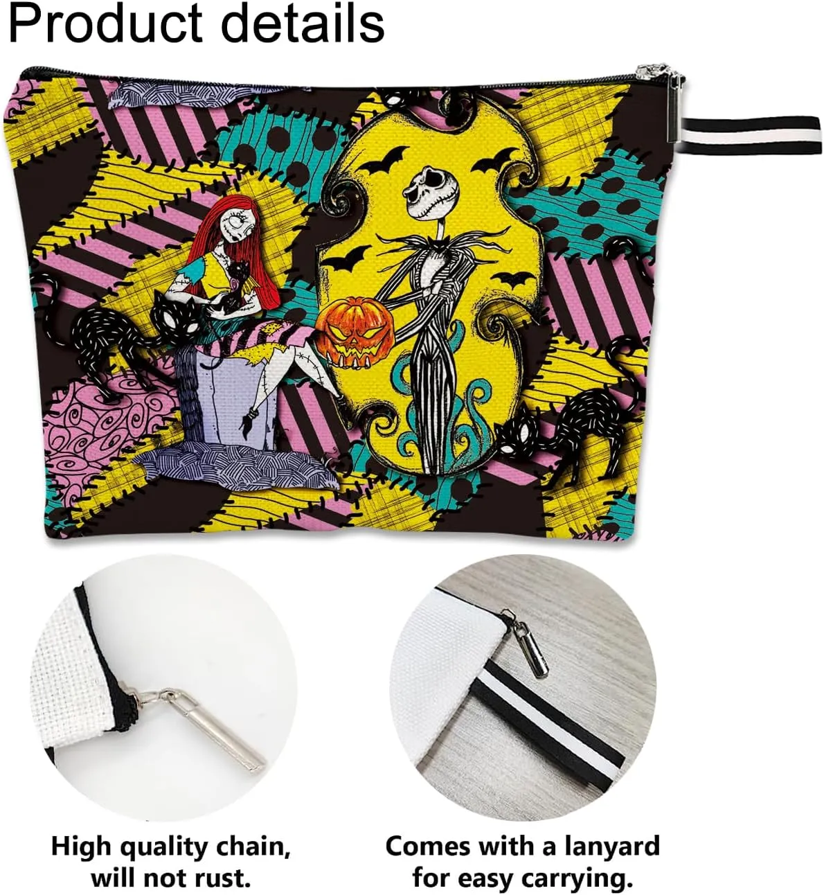 Nightmare Before Cosmetic Bag Christmas Makeup Bag Halloween Theme Jack and Sally Cosmetic Bag for Women Portable Makeup Pouch Waterproof Travel Toiletry Storage Bag with Zipper