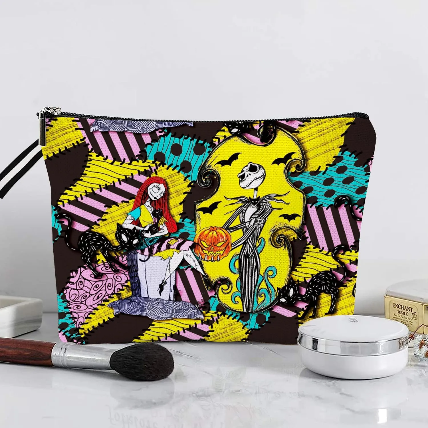 Nightmare Before Cosmetic Bag Christmas Makeup Bag Halloween Theme Jack and Sally Cosmetic Bag for Women Portable Makeup Pouch Waterproof Travel Toiletry Storage Bag with Zipper