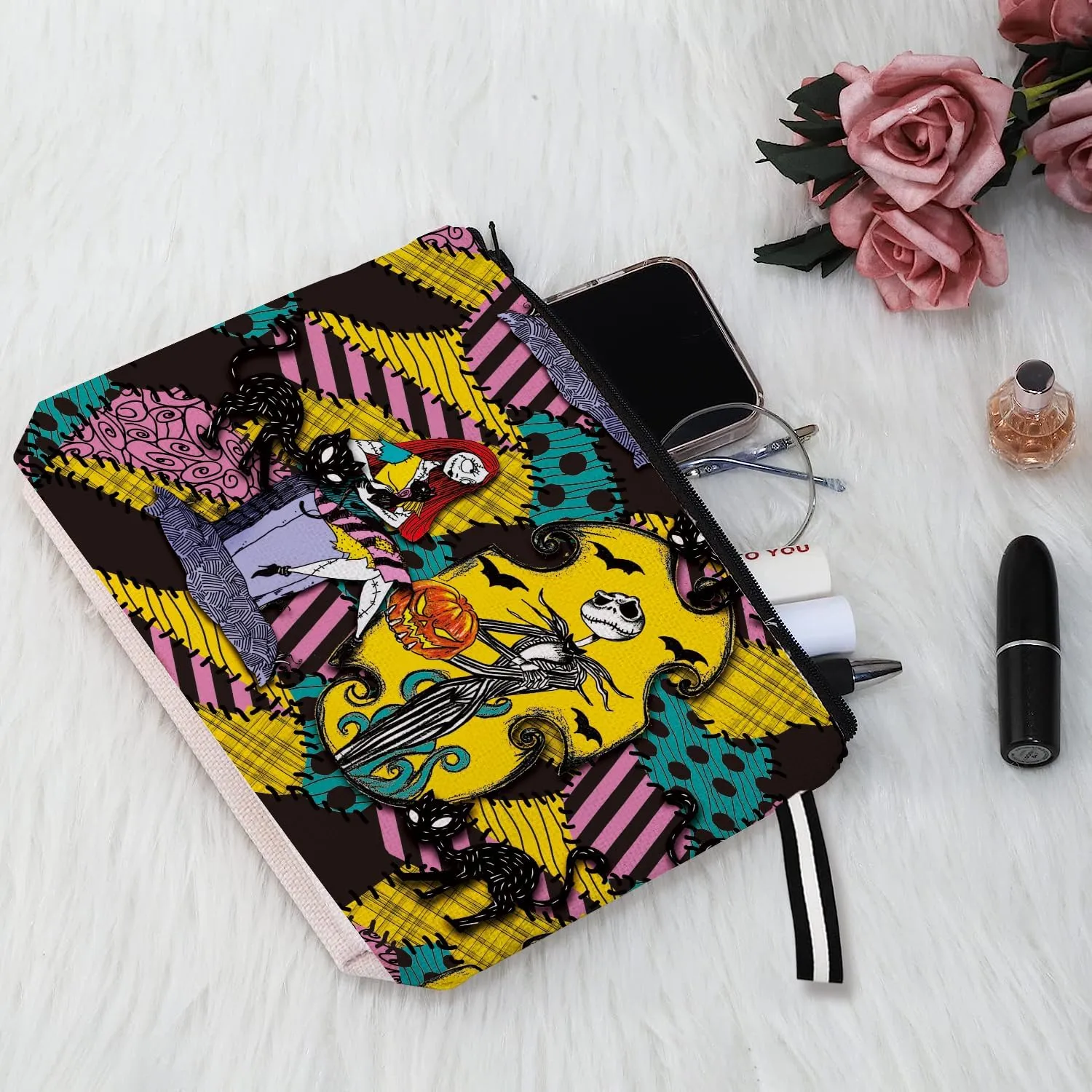 Nightmare Before Cosmetic Bag Christmas Makeup Bag Halloween Theme Jack and Sally Cosmetic Bag for Women Portable Makeup Pouch Waterproof Travel Toiletry Storage Bag with Zipper