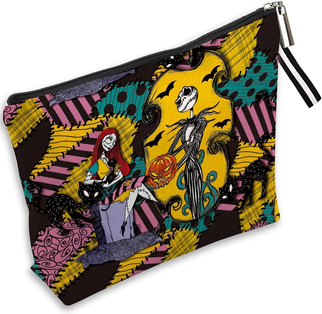 Nightmare Before Cosmetic Bag Christmas Makeup Bag Halloween Theme Jack and Sally Cosmetic Bag for Women Portable Makeup Pouch Waterproof Travel Toiletry Storage Bag with Zipper