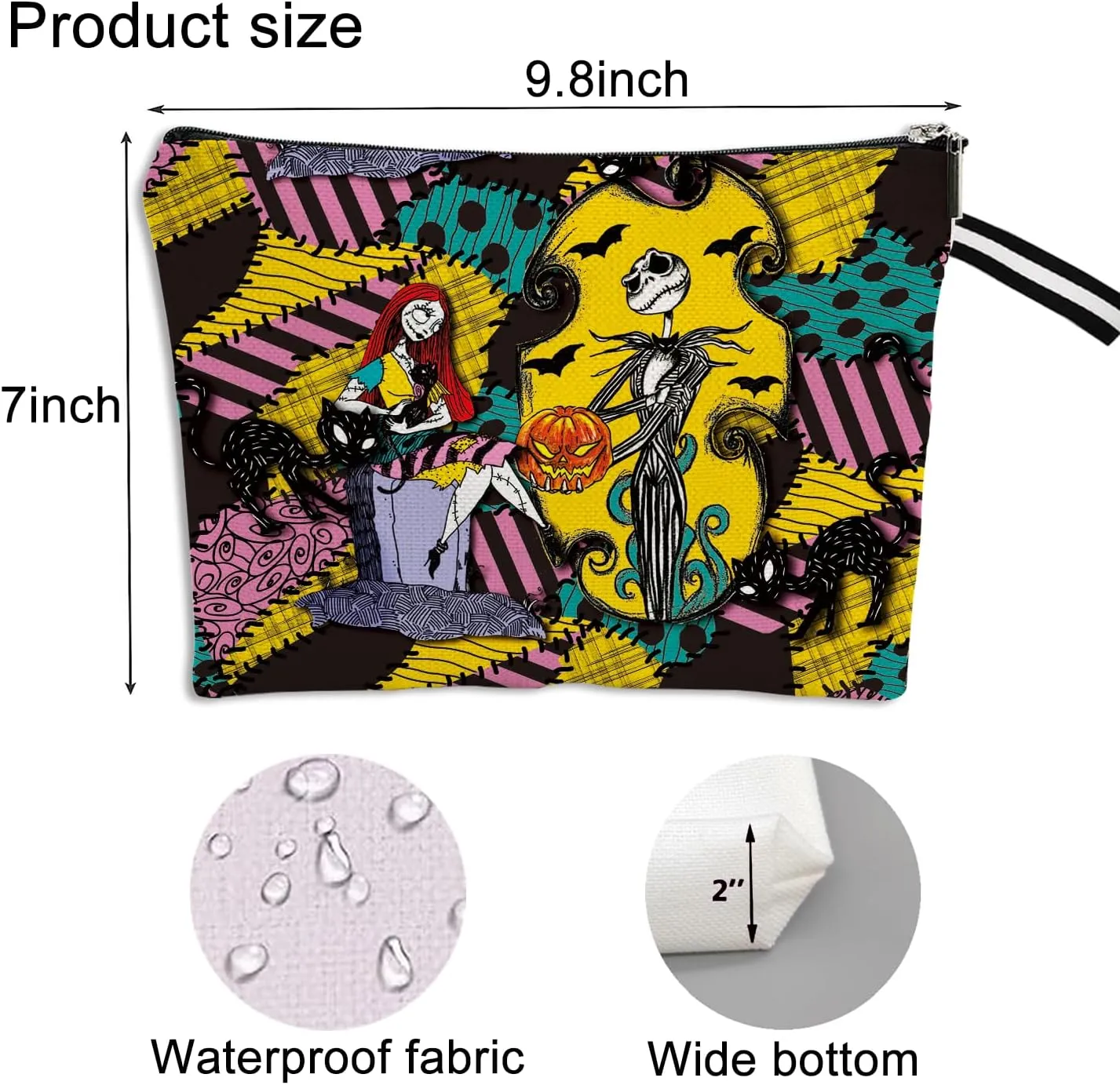 Nightmare Before Cosmetic Bag Christmas Makeup Bag Halloween Theme Jack and Sally Cosmetic Bag for Women Portable Makeup Pouch Waterproof Travel Toiletry Storage Bag with Zipper