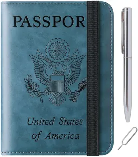 Passport Holder Cover Wallet Travel Essentials Leather Rfid Blocking Case Vacation Luggage Must Haves Travel Accessories for Men Women (116#Blue)