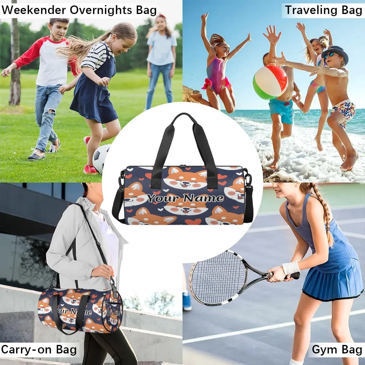 Personalized Duffel Bag for Women, Custom Corgi Dog Gym Bag for Sports, Waterproof Dance Bag with Name, Lightweight Carryon Gym Bag, Pet Dog Heart