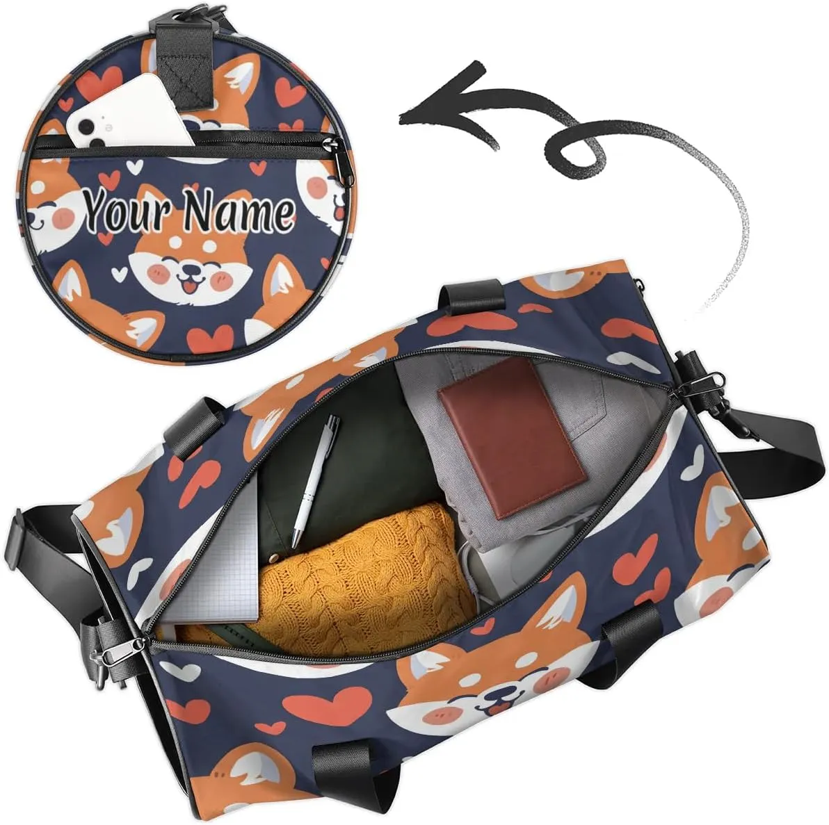 Personalized Duffel Bag for Women, Custom Corgi Dog Gym Bag for Sports, Waterproof Dance Bag with Name, Lightweight Carryon Gym Bag, Pet Dog Heart
