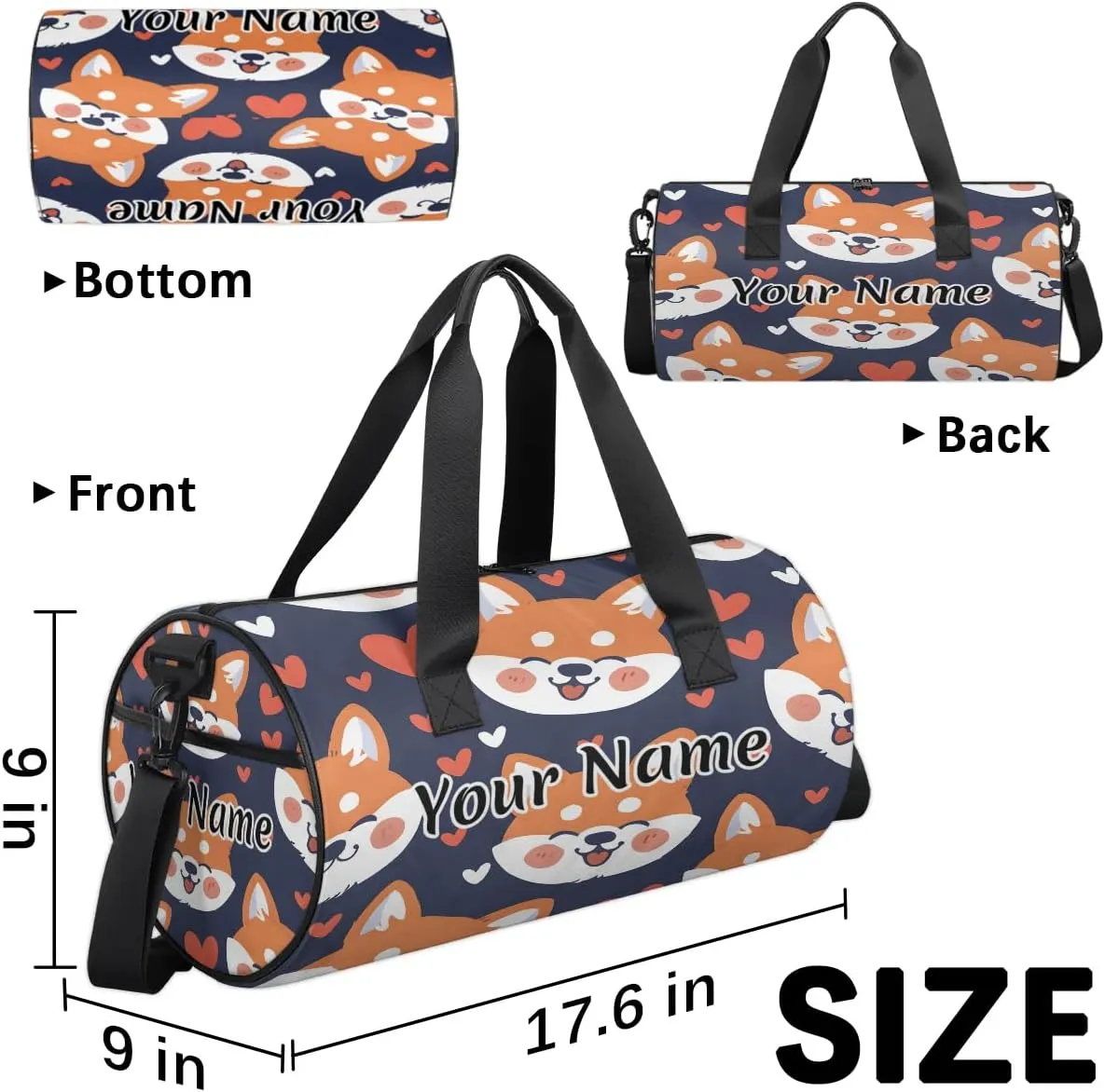 Personalized Duffel Bag for Women, Custom Corgi Dog Gym Bag for Sports, Waterproof Dance Bag with Name, Lightweight Carryon Gym Bag, Pet Dog Heart