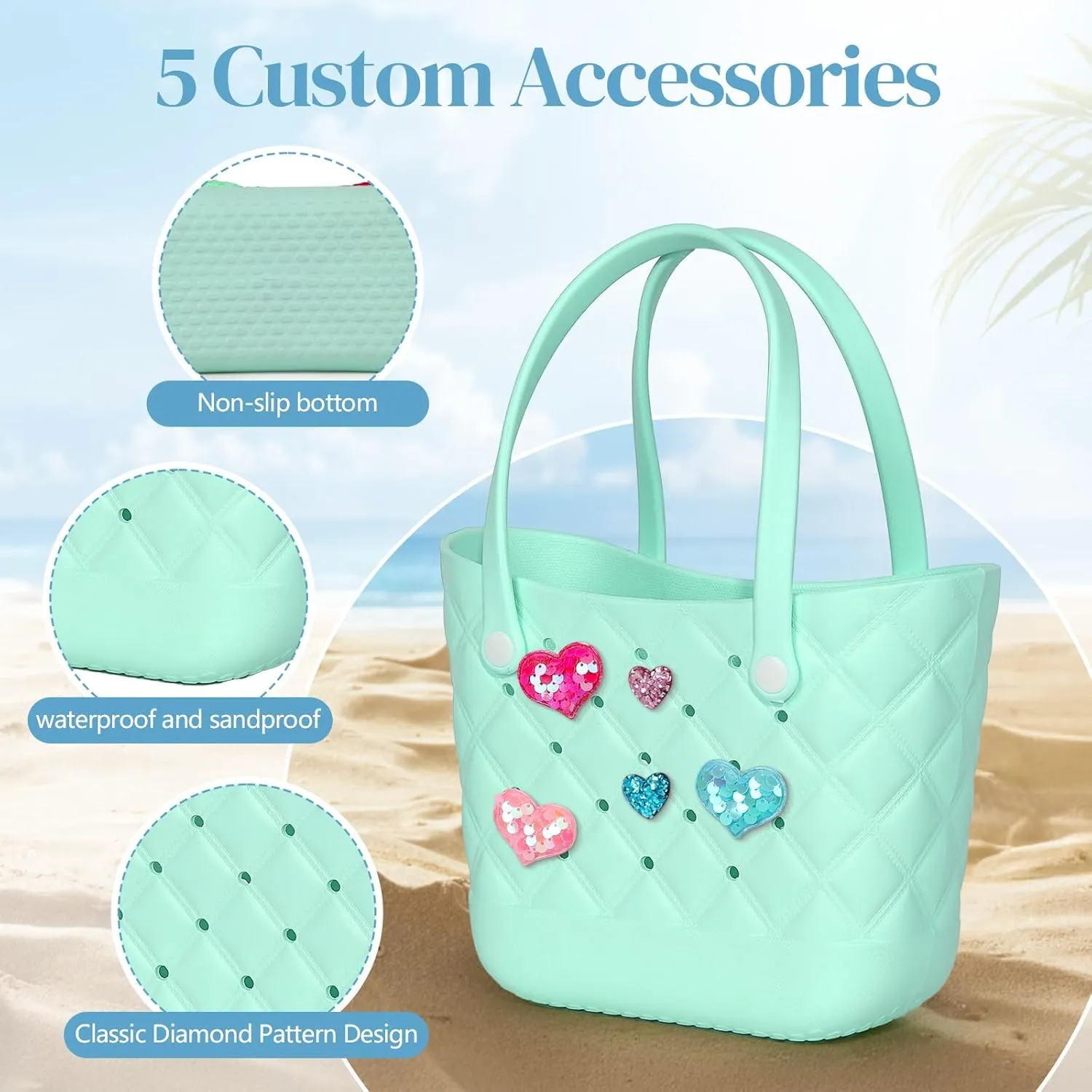 Small Rubber Tote Bag with 5 Charms Cute Beach Tote Small Rubber Bags for Women