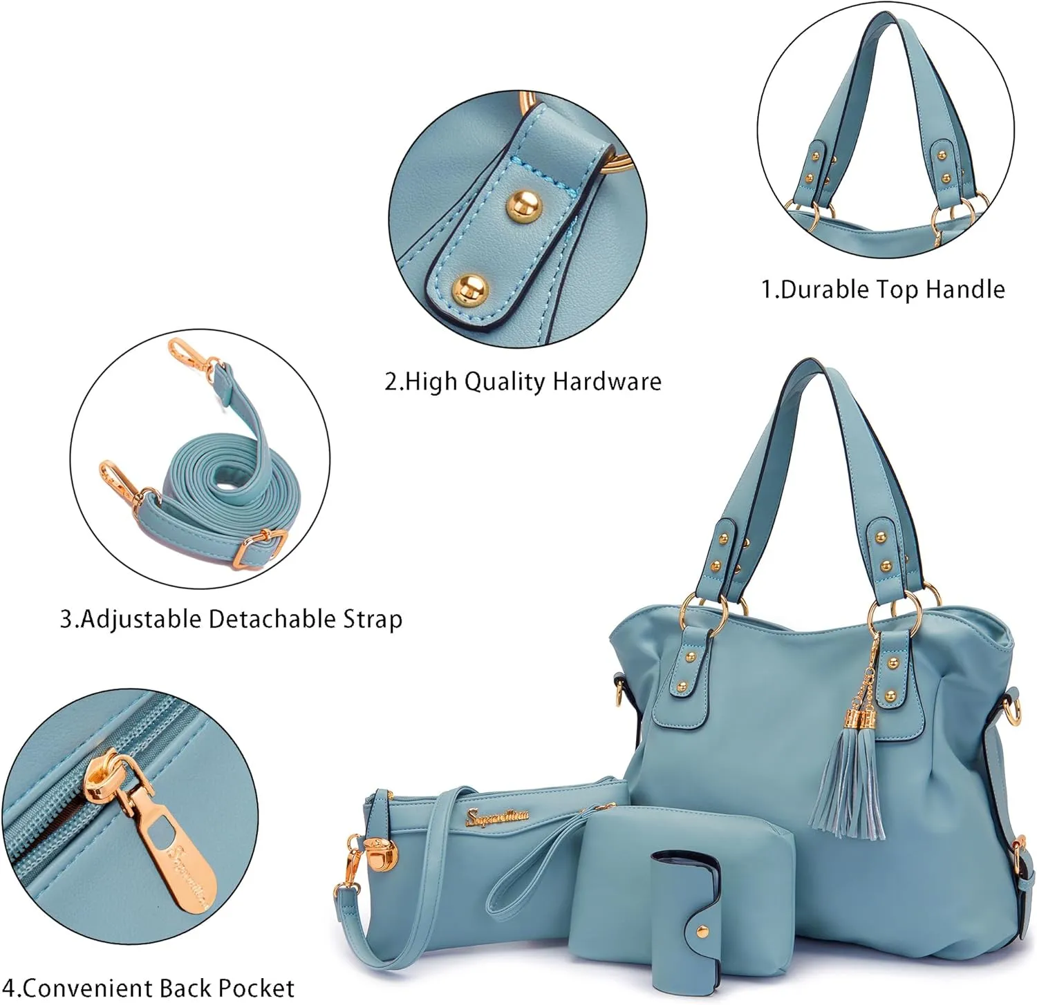 Soperwillton Fashion Handbag for Women Shoulder Bag Top Handle Satchel Hobo Tote Bag Purse Set 4pcs