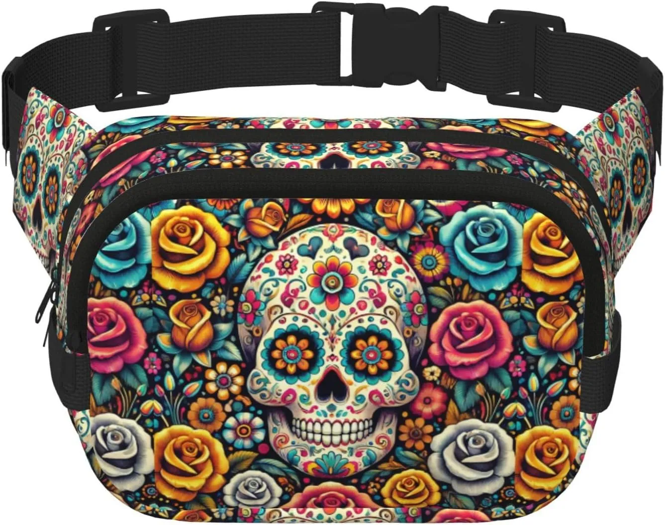 Square Sugar-Skull Double-Layer Sport Fanny Pack Waist Pack Large Crossbody Waist Bag For Running Travel Walking