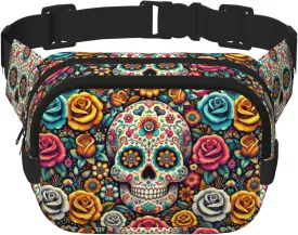 Square Sugar-Skull Double-Layer Sport Fanny Pack Waist Pack Large Crossbody Waist Bag For Running Travel Walking