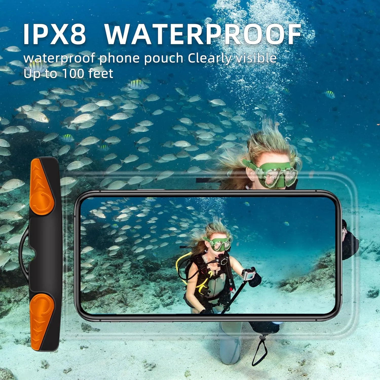Waterproof Phone Pouch, Waterproof Phone Case with Lanyard for iPhone, Samsung, IPX8 Cellphone Beach Dry Bag Kayak Cruise Ship Essentials 2Pack-7.5" Black Orange