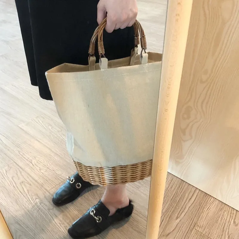 Wicker Handle & Bottom Canvas Tote