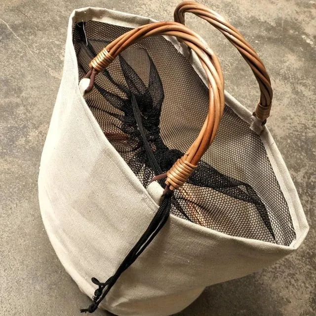 Wicker Handle & Bottom Canvas Tote