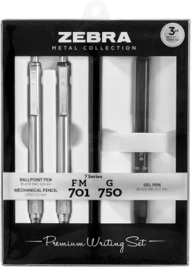 Zebra Pen G-750 Retractable Gel Pen, F-701 and M-701 Retractable Pen/Pencil Gift Set, Premium Metal Barrel, Medium/Fine Point, 3-Pack, Model Number: 10513