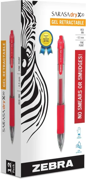 Zebra Pen Sarasa Dry X20 Retractable Gel Pen, Fine Point, 0.5mm, Red Ink, 12-Pack (46730)
