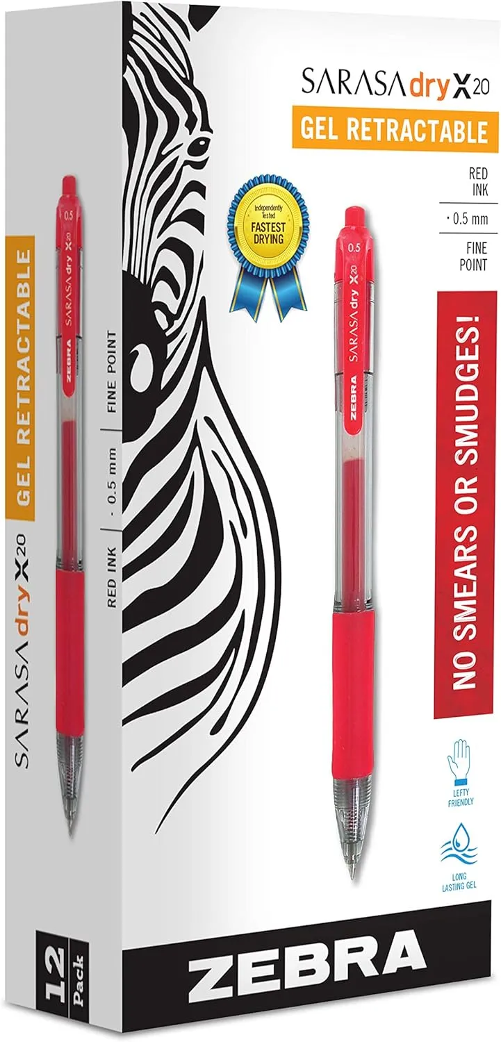 Zebra Pen Sarasa Dry X20 Retractable Gel Pen, Fine Point, 0.5mm, Red Ink, 12-Pack (46730)